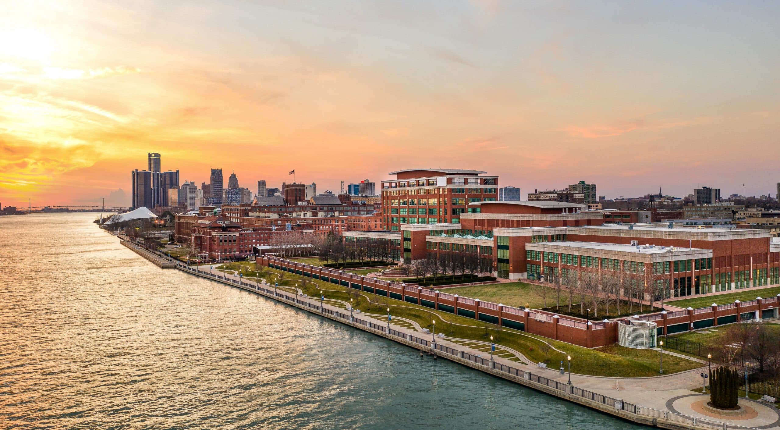 Birds eye view of downtown Detroit skyline, the Detroit River, and Riverfront Garden at The Icon event space.
