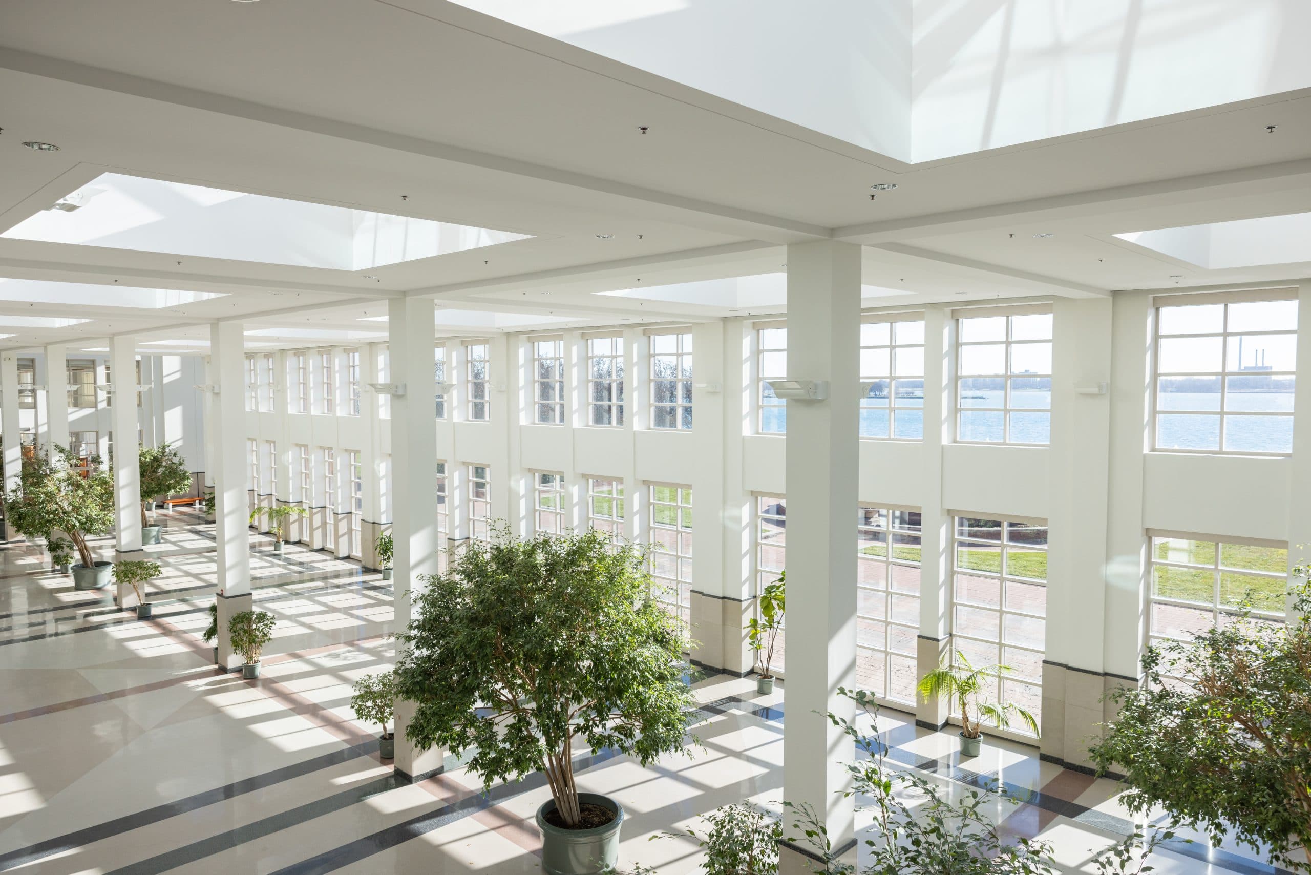 Riverfront Atrium of The Icon with live trees and plants with floor to ceiling windows overlooking the Detroit river.